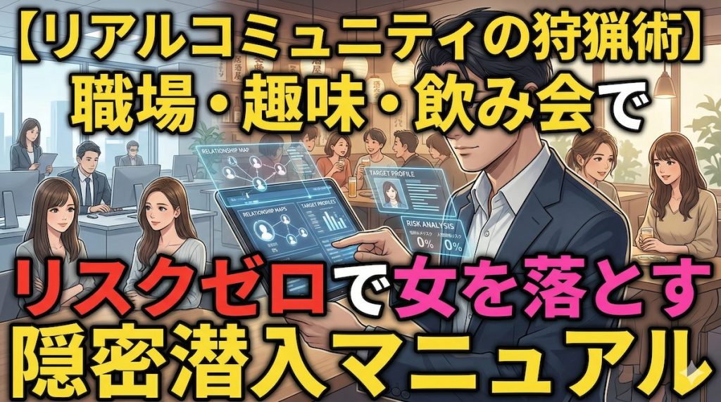 職場や飲み会などのリアルなコミュニティで、リスクを抑えてターゲットの女性を狙う男性のイメージ