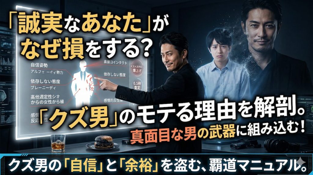 真面目な男がクズ男の持つ圧倒的な自信と余裕を分析し、自らの魅力に組み込むイメージ