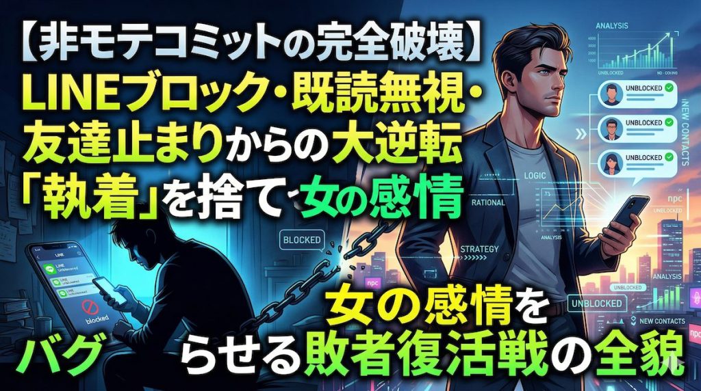 執着を捨て去り、LINEブロックや既読無視の絶望から立ち上がる男性の逆転イメージ