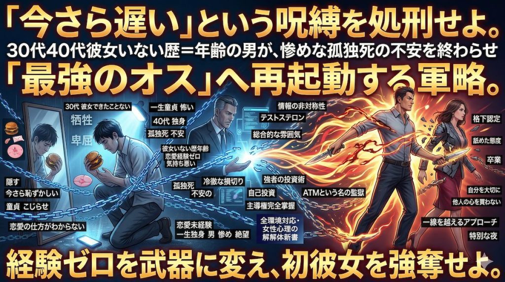 鏡の前で卑屈な表情を浮かべる中年男性と、その背後で戦略を練る軍師のイメージ。