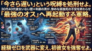 鏡の前で卑屈な表情を浮かべる中年男性と、その背後で戦略を練る軍師のイメージ。