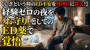 ホテルの部屋のベッドに座り、いざという時の不安に震える男性と、彼を安心させる「お守り」としてのＥＤ薬のパッケージ。