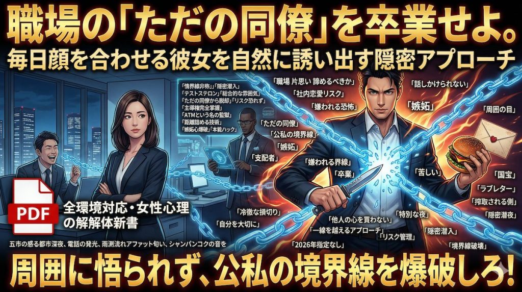 職場のオフィスで、好きな女性が他の同僚と楽しそうに話しているのを見て嫉妬と不安に駆られる男性の姿。