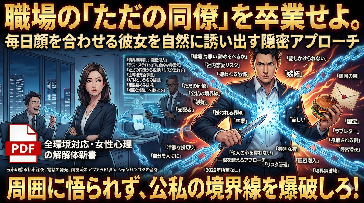 職場のオフィスで、好きな女性が他の同僚と楽しそうに話しているのを見て嫉妬と不安に駆られる男性の姿。