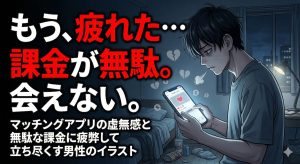 スマホの画面を見つめながらため息をつき、マッチングアプリの虚無感と無駄な課金に疲弊して立ち尽くす男性のイラスト