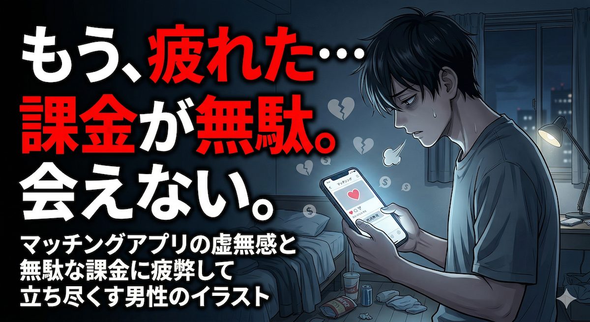 スマホの画面を見つめながらため息をつき、マッチングアプリの虚無感と無駄な課金に疲弊して立ち尽くす男性のイラスト