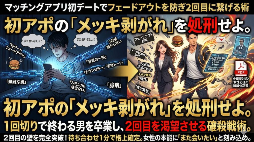 マッチングアプリの初デートで女性をリードし、2回目のデートの約束を確実に取り付ける自信に満ちた男性。