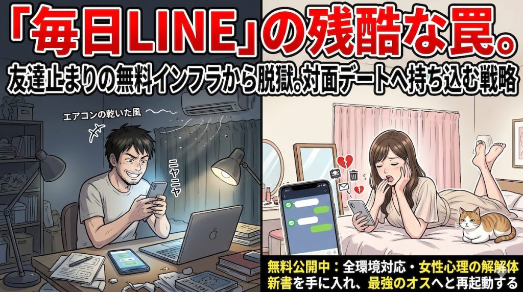 毎日LINEが続くことに脈ありだと喜ぶ男性と、ベッドで退屈そうに暇つぶしとして返信を入力する女性