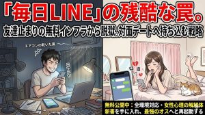 毎日LINEが続くことに脈ありだと喜ぶ男性と、ベッドで退屈そうに暇つぶしとして返信を入力する女性