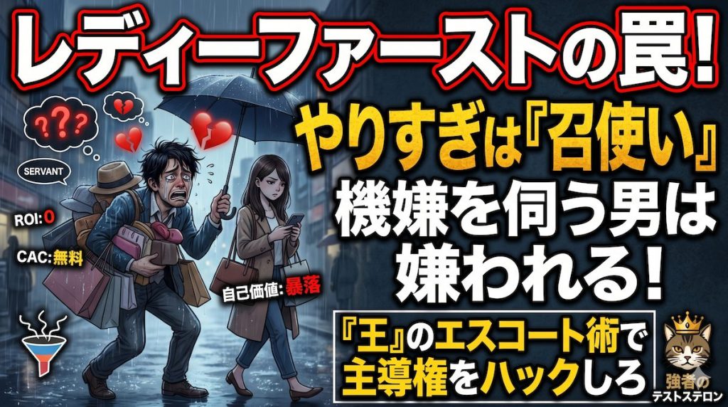 デートで過剰に気を遣い荷物を持って女性の機嫌を伺う惨めな男性