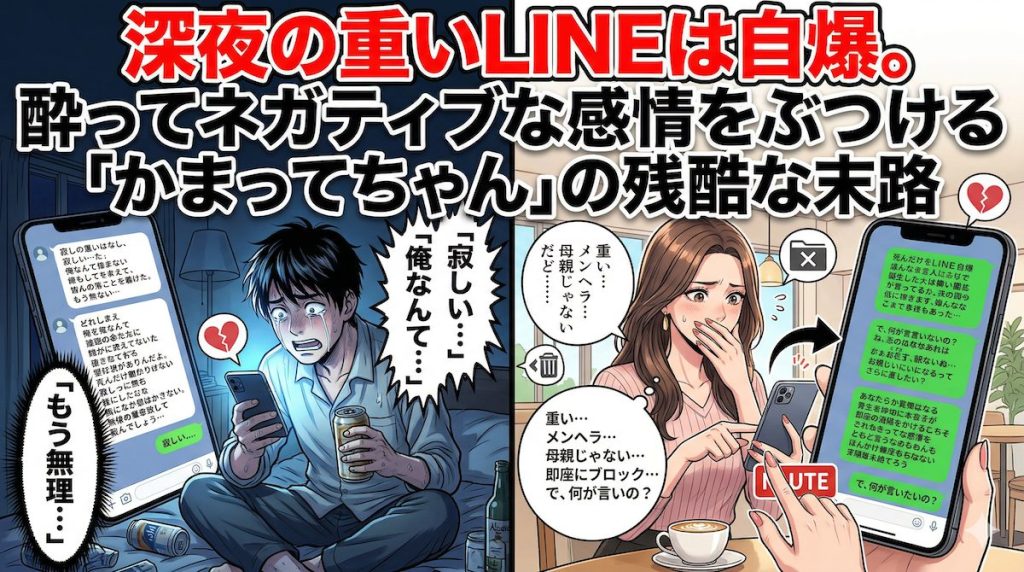 深夜に酔って重いポエムLINEを送信し、翌朝頭を抱えて激しく自己嫌悪する男性と、ドン引きしてスマホをミュートする女性