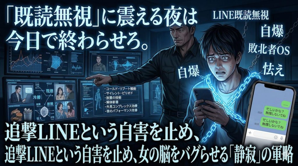 深夜、スマホの既読無視に絶望する男性と、背後で冷徹に分析を行う冴木遼のイメージ。LINE既読スルーの解決策。