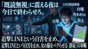 深夜、スマホの既読無視に絶望する男性と、背後で冷徹に分析を行う冴木遼のイメージ。LINE既読スルーの解決策。