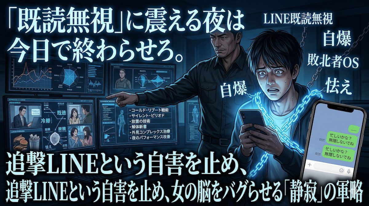 深夜、スマホの既読無視に絶望する男性と、背後で冷徹に分析を行う冴木遼のイメージ。LINE既読スルーの解決策。