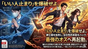 マッチングアプリのデートで「いい人」の仮面を脱ぎ捨て、力強く女性をリードして特別な夜へ誘う男性のイメージ。