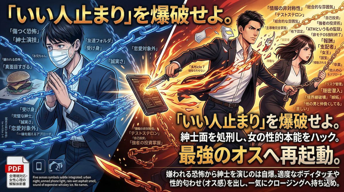 マッチングアプリのデートで「いい人」の仮面を脱ぎ捨て、力強く女性をリードして特別な夜へ誘う男性のイメージ。