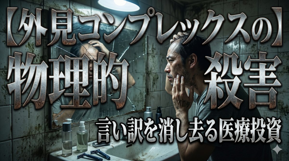 鏡の前で自身の外見コンプレックスに絶望し立ち尽くす男性