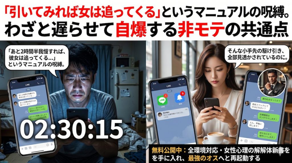 スマホのタイマーを見つめながら必死にLINEの返信を我慢する男性と、そんな小手先の駆け引きを見透かして冷めた顔で別の男とやり取りをする女性