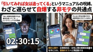 スマホのタイマーを見つめながら必死にLINEの返信を我慢する男性と、そんな小手先の駆け引きを見透かして冷めた顔で別の男とやり取りをする女性