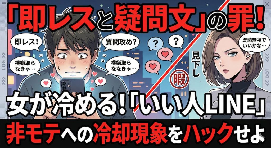 スマホを凝視し即レスと質問攻めで女性の機嫌を取ろうとするが、冷ややかな目で見下されている男性