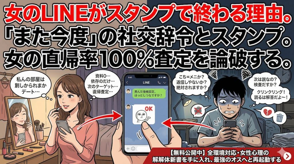 スマホでスタンプだけを返信して別の男とのデートの準備をする女性と、返信に悩みスマホを強く握りしめる男性