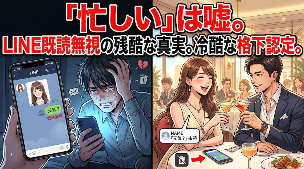 忙しいという言い訳でLINEを既読無視し、他の男と楽しそうにしている女性と、スマホを見て絶望する男性
