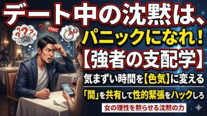 デート中の沈黙に耐えきれずパニックになって空回りする男性と冷ややかな視線を送る女性