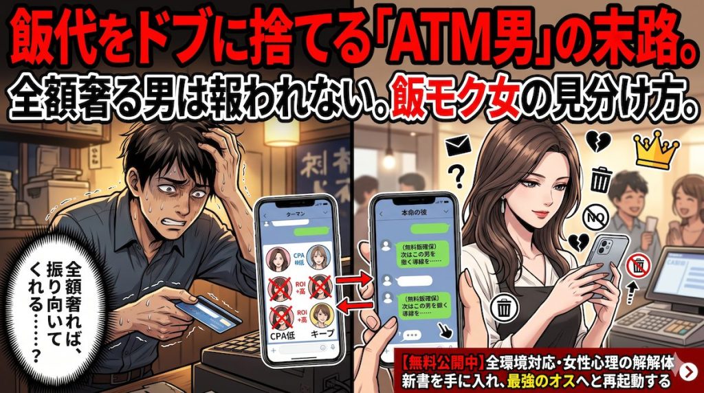 デートの会計で男がクレジットカードを出している横で、財布を出す素振りも見せずにスマホで別の男とLINEをしている飯モク女