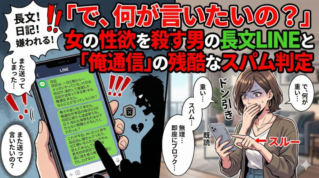 スマホ画面いっぱいの長文LINEと日記のような俺通信を見て、ドン引きして既読スルーを決める女性