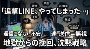 スマホを握りしめ、追撃LINEを連続送信してしまった激しい自己嫌悪と不安に苛まれる男性の姿