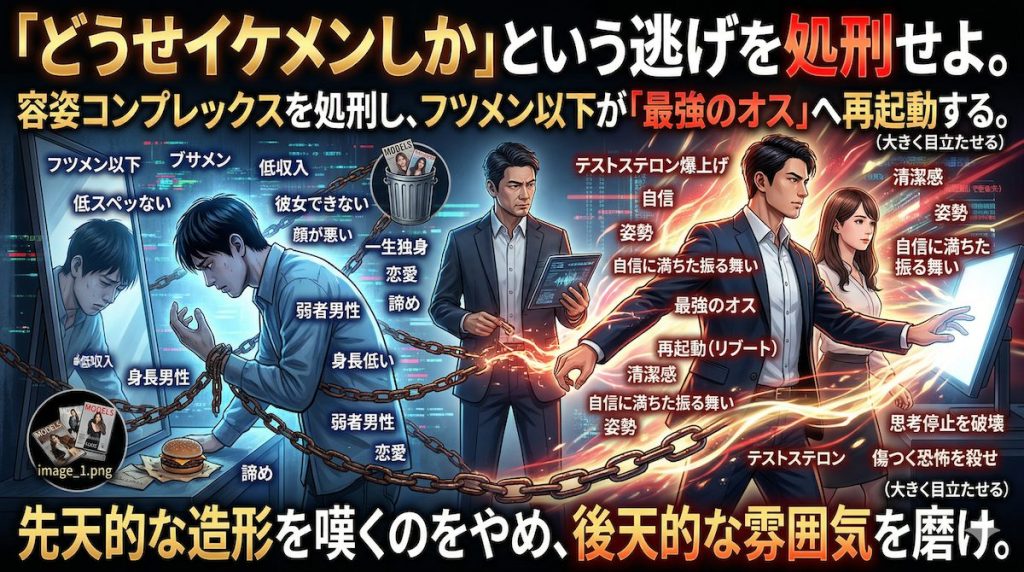 容姿コンプレックスを抱える男性が鏡の中の自分を見つめ、自信を取り戻そうと決意するイメージ。