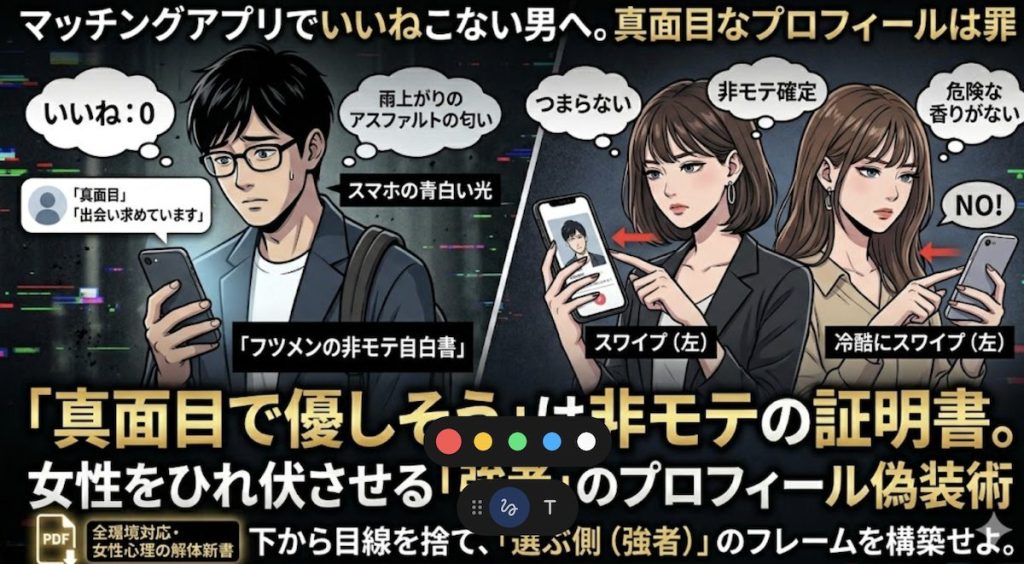 マッチングアプリで真面目なプロフィールを書きながら誰からもいいねが来ない男性と、それを冷酷にスワイプする女性たち