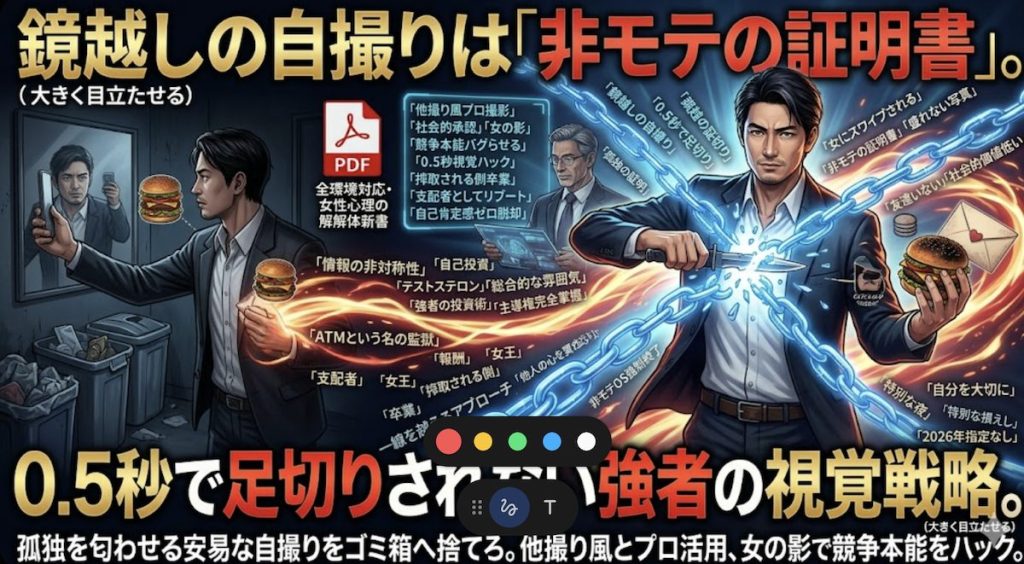 マッチングアプリで鏡越しの自撮りをする非モテ男性と、プロに他撮りされていいねが集まるモテ男性の対比。