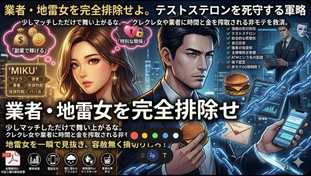 マッチングアプリで美女のフリをした業者や投資詐欺の手口を暴き、冷静にスマホを操作する戦略的な男性。