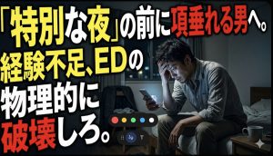 特別な夜の前にいざという時自信がなく、スマホを握りしめて暗い部屋で項垂れる男性