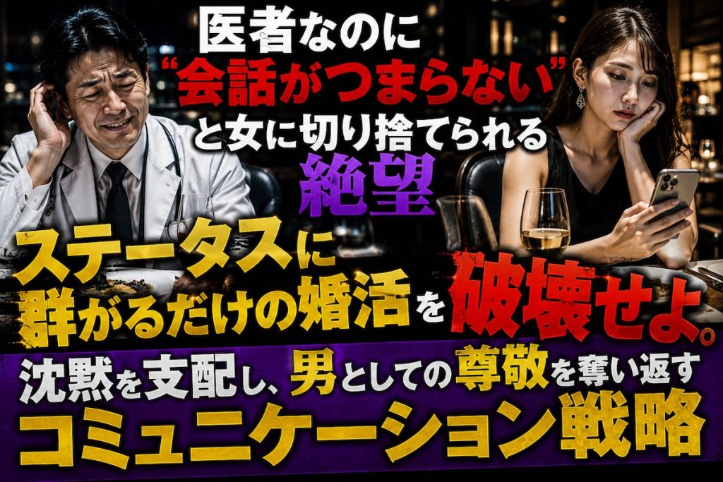 高級レストランで沈黙に耐えきれず愛想笑いを浮かべる男性医師と、つまらなそうにスマホの通知を眺める女性の冷ややかな視線
