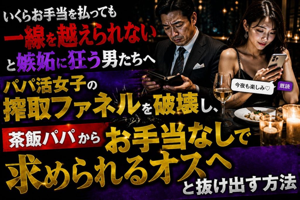 高級レストランで財布を開く中年男性をよそに、スマホで別の男にメッセージを送る冷酷なパパ活女子の姿