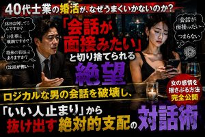 高級ホテルのラウンジでのデート中、論理的な質問攻めにうんざりして無表情でスマホを触り出す女性と、沈黙を恐れて必死に話題を探す40代士業男性の姿