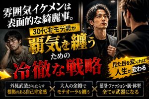 30代の非モテ感の漂う男が髪型やファッションを垢抜けさせ、鏡の前の自分に圧倒的な自信を持つことで纏った余裕のある男のモテオーラ（覇気）