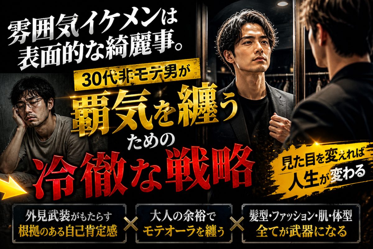 30代の非モテ感の漂う男が髪型やファッションを垢抜けさせ、鏡の前の自分に圧倒的な自信を持つことで纏った余裕のある男のモテオーラ(覇気)
