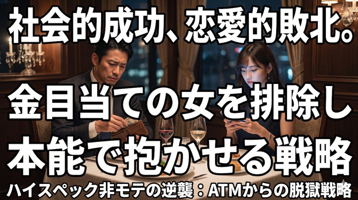 高級レストランのテーブルで、財布を取り出すハイスペック男性をよそに、無表情でスマホをいじり続ける金目当ての女性。自分のステータスが単なるATMとしてしか機能していない事実に打ちのめされる男性の姿。