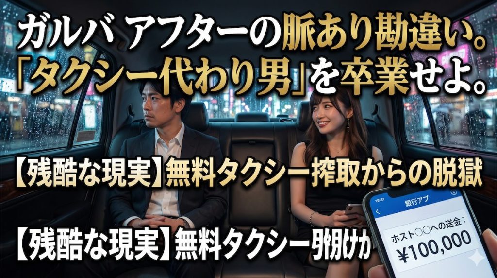 ガールズバーのアフターでタクシーに乗り込み、男性客を友達として扱うガルバ嬢と、ホテルに誘えず惨めな思いをする男性の姿。