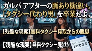 ガールズバーのアフターでタクシーに乗り込み、男性客を友達として扱うガルバ嬢と、ホテルに誘えず惨めな思いをする男性の姿。
