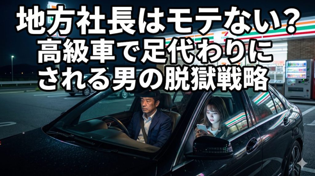 深夜の地方国道のコンビニ駐車場で、高級車の運転席から虚ろな目で前を見つめる40代男性と、助手席でスマホをいじりながら別の男に連絡する若い女性の姿