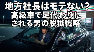 深夜の地方国道のコンビニ駐車場で、高級車の運転席から虚ろな目で前を見つめる40代男性と、助手席でスマホをいじりながら別の男に連絡する若い女性の姿