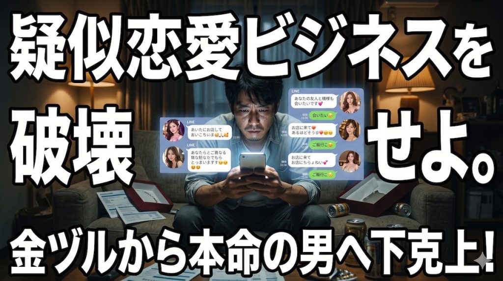 薄暗い部屋で、キャバ嬢やパパ活女子からの営業LINEが光るスマホを握りしめ、自分がただの金ヅルである絶望感と、それでも本命になりたいという泥沼の執着に苛まれる男性の姿