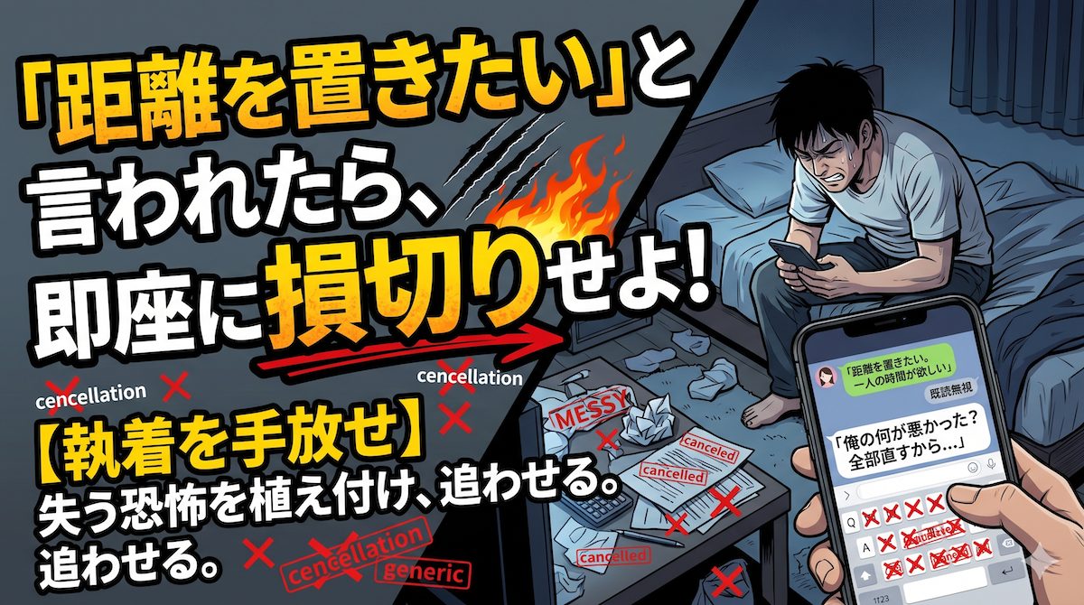 彼女から距離を置きたいというLINEを受け取り、胃がよじれるような失う恐怖と絶望の中で必死にすがりつく長文の切り返しを打とうとする男の姿