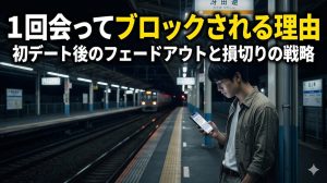 終電間際の駅のホームでスマホの画面を見つめ、さっきまで笑顔だった女性からの唐突なブロック通知に絶望と未練を滲ませる男の姿