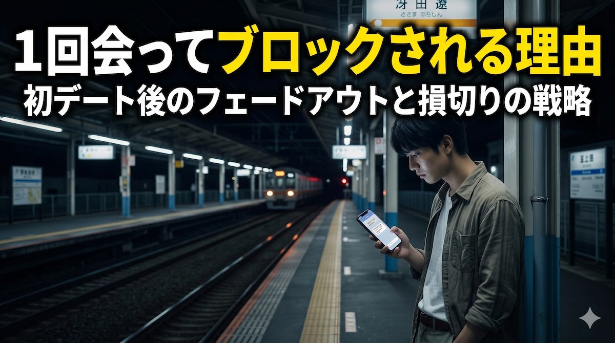 終電間際の駅のホームでスマホの画面を見つめ、さっきまで笑顔だった女性からの唐突なブロック通知に絶望と未練を滲ませる男の姿