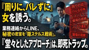職場のデスクで周囲の目を気にしながら、女性にバレずにLINEで業務連絡を装い秘密のメッセージを送る男の緊張感